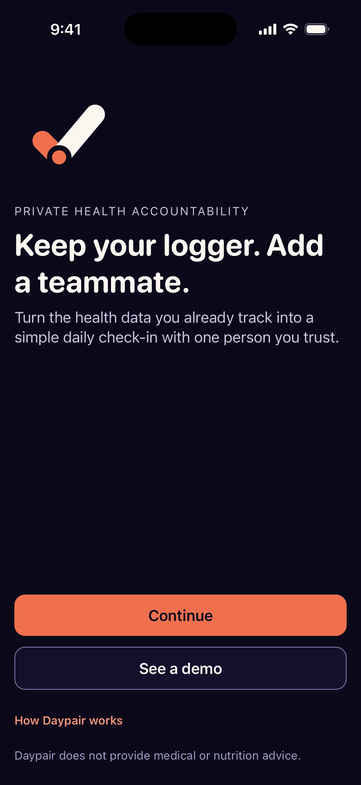 Welcome screen in dark mode