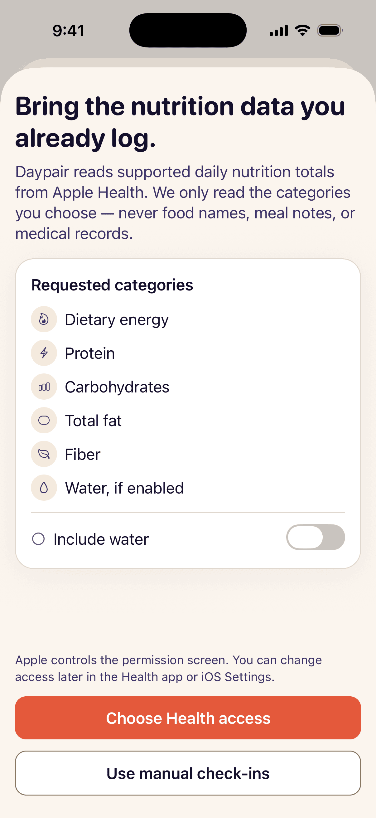 Apple Health explainer listing the requested nutrition categories