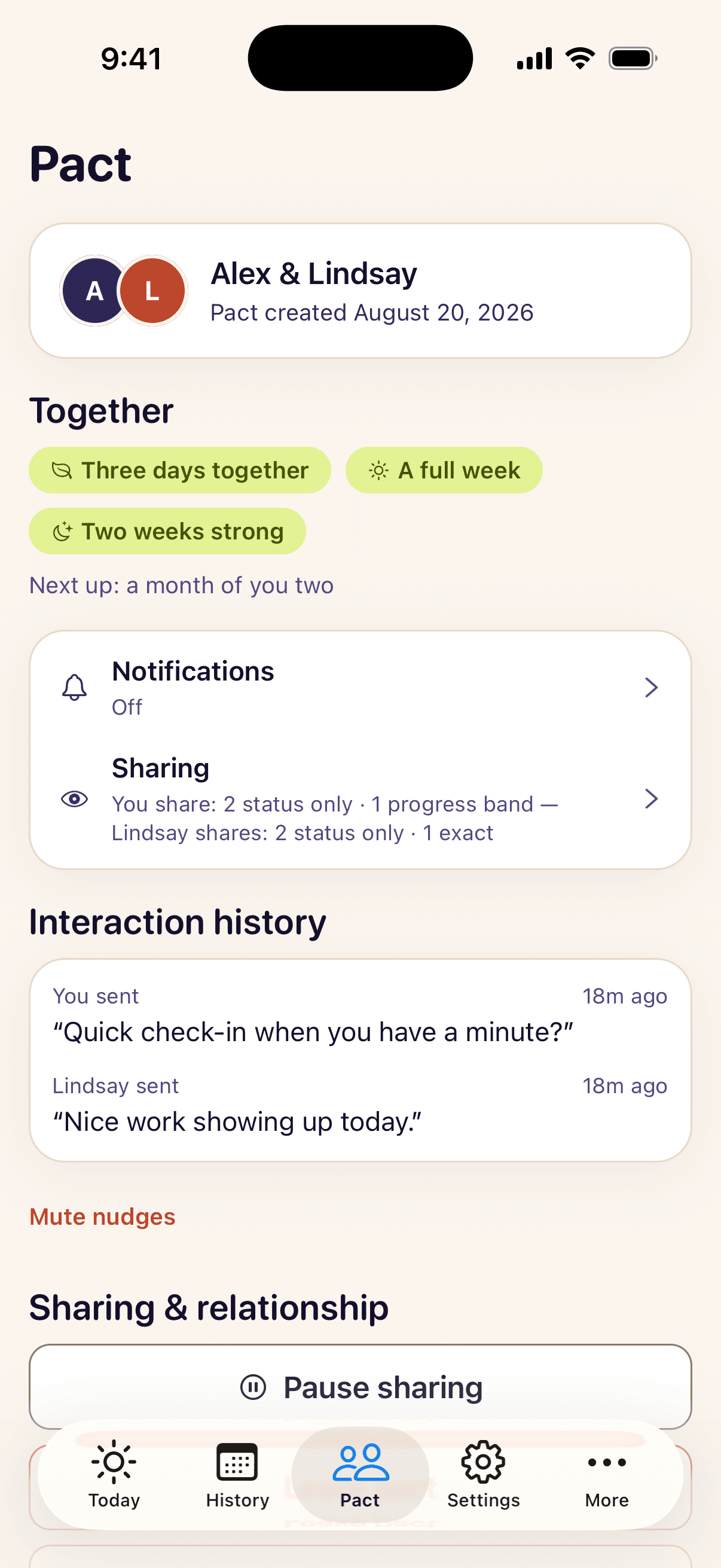 Pact screen: Alex & Lindsay, together milestones, sharing and relationship controls
