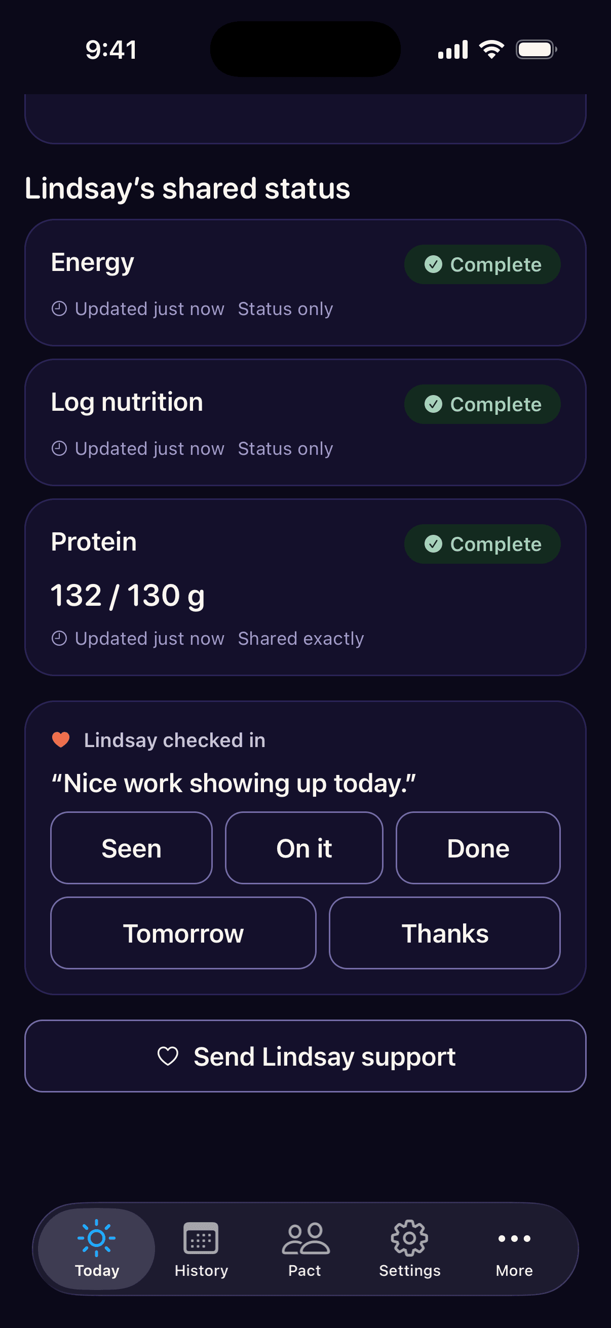 Today screen in dark mode, showing the teammate’s shared status