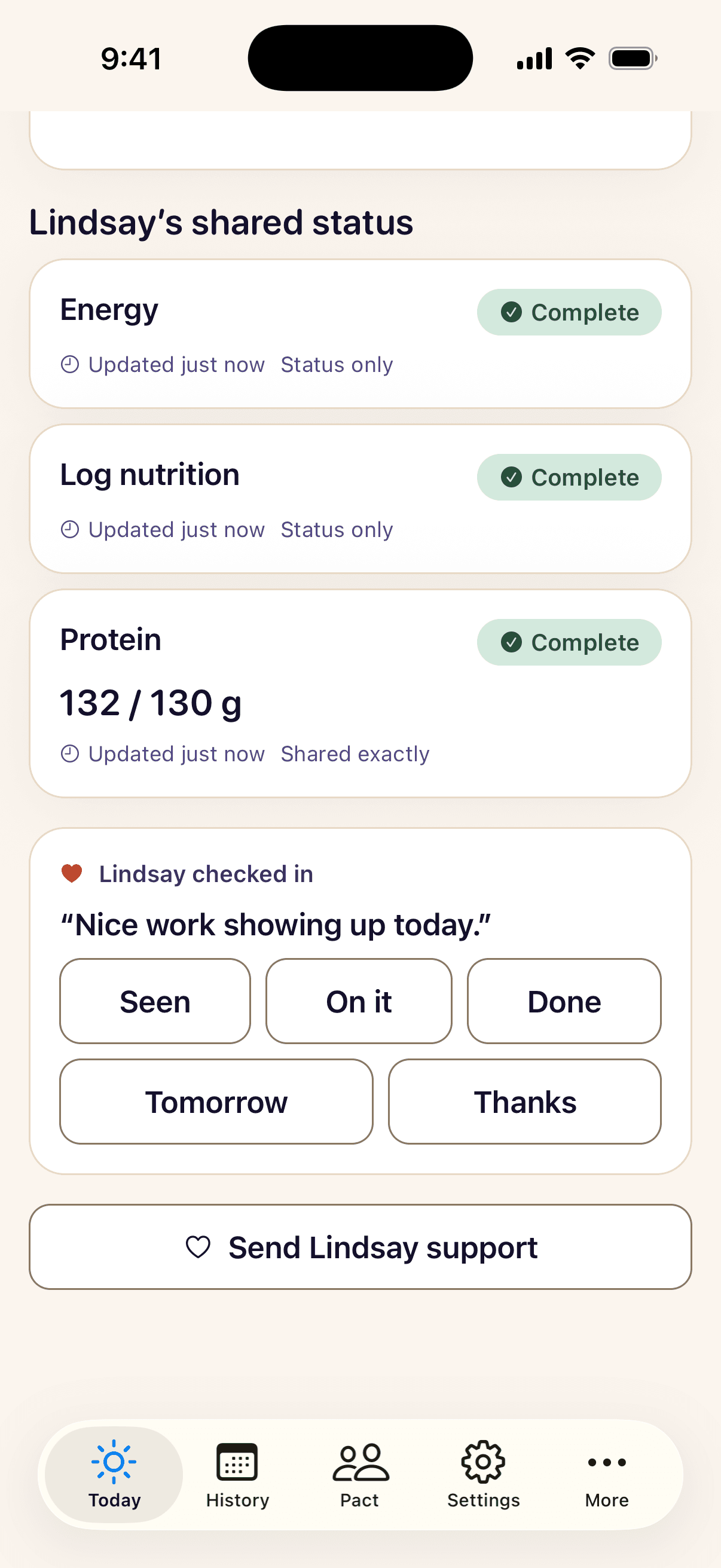 Teammate cards at each sharing level and a received check-in with quick acknowledgements